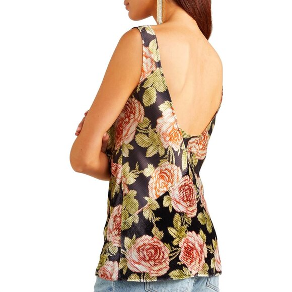 PACO Rabanne - Brown / Pink Multi Silk & Velvet Mixed Media Floral Rose V-Neck - Picture 7 of 14